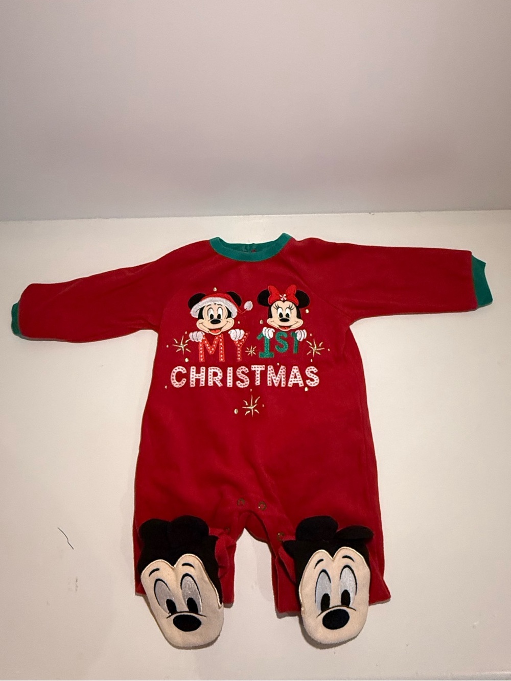 Disney Baby Mickey & Minnie “My 1st Christmas” Fleece Footie 12–18 Months